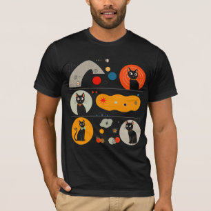 Retro MCM Black Cat: Cosmic Abstract Graphic Art T-Shirt