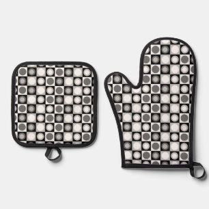 Retro MCM Geometric Pattern Black White Oven Mitt & Pot Holder Set