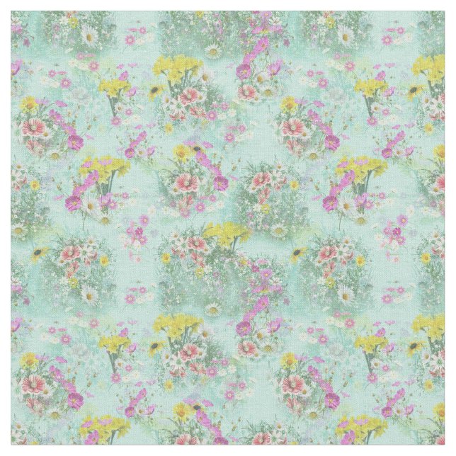 Retro Meadow Classic Flowers Fabric (Close Up)