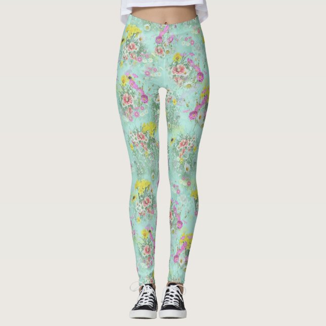 Retro Meadow Classic Flowers Leggings (Front)