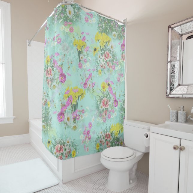 Retro Meadow Classic Flowers Shower Curtain (In Situ)