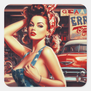 Retro Mechanic Girl Square Sticker