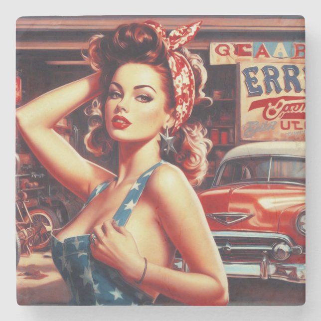 Retro Mechanic Girl Stone Coaster (Front)