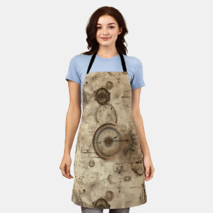 Retro Mechanical Blueprint Sepia Brown Apron