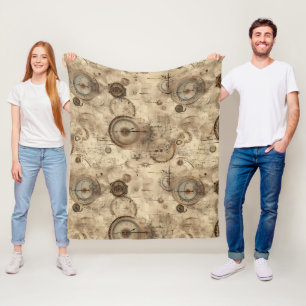 Retro Mechanical Blueprint Sepia Brown Fleece Blanket