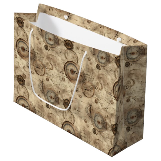 Retro Mechanical Blueprint Sepia Brown Large Gift Bag (Front Angled)