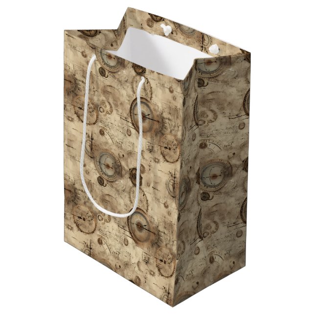 Retro Mechanical Blueprint Sepia Brown Medium Gift Bag (Front Angled)