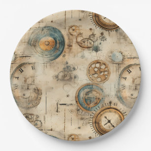 Retro Mechanical Blueprint Sepia Brown Paper Plate