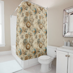 Retro Mechanical Blueprint Sepia Brown Shower Curtain
