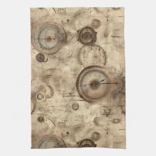 Retro Mechanical Blueprint Sepia Brown Tea Towel