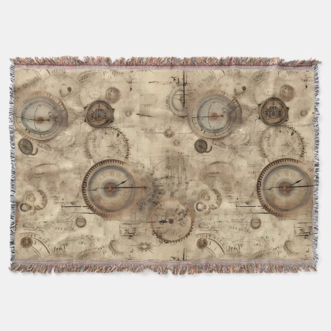 Retro Mechanical Blueprint Sepia Brown Throw Blanket (Front)