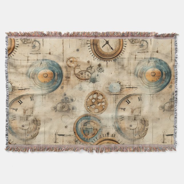 Retro Mechanical Blueprint Sepia Brown Throw Blanket (Front)