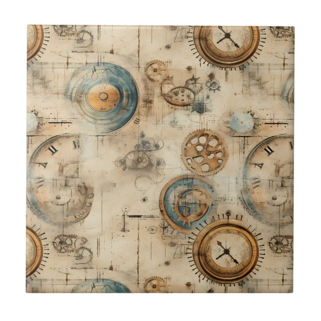 Retro Mechanical Blueprint Sepia Brown Tile (Front)