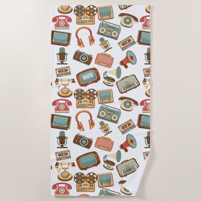 Retro Media Pattern custom monogram beach towel (Front)