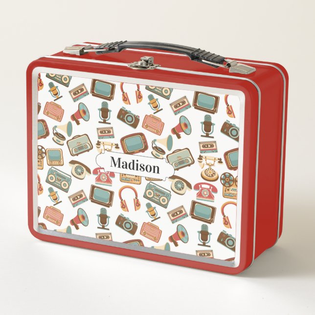 Retro Media Pattern custom name lunch boxes (Front)