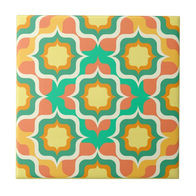 Retro Mediterranean Orange Green Yellow White Tile (Front)