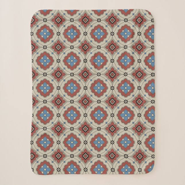 Retro Mediterranean Tile Pattern in Red, Beige Sherpa Blanket (Front)