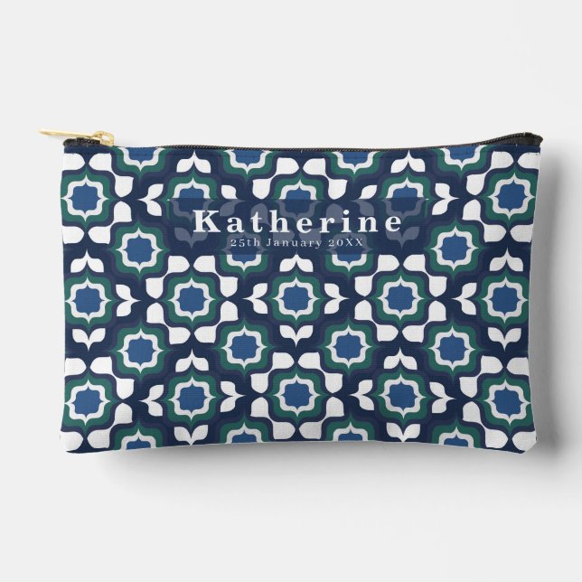 Retro Mediterranean Tiling Navy Blue White Accessory Pouch (Front)