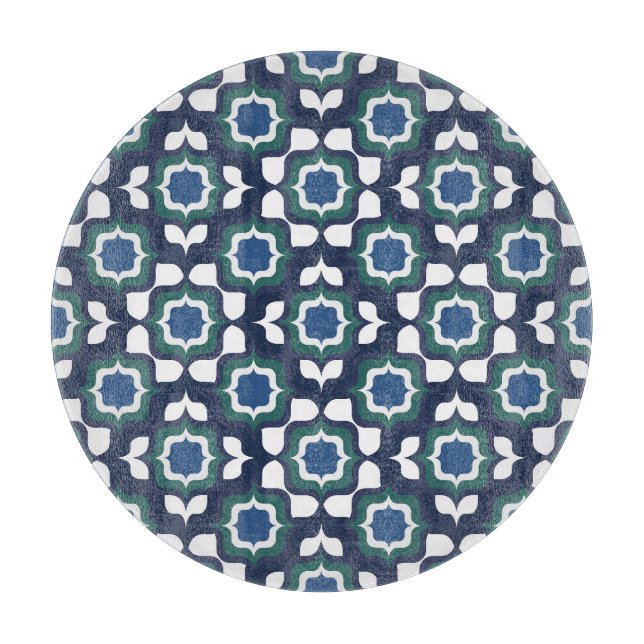 Retro Mediterranean Tiling Navy Blue White Cutting Board (Front)