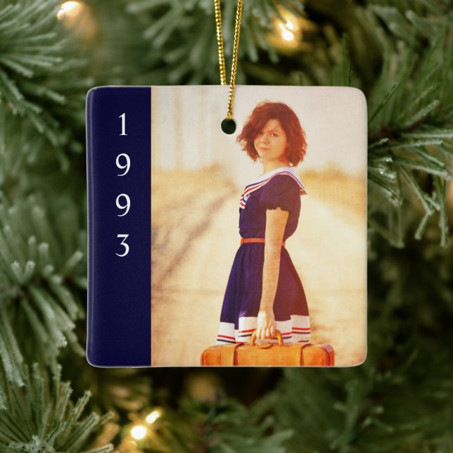 Retro Memories Story Blue Year Photo Ceramic Ornament (Tree)