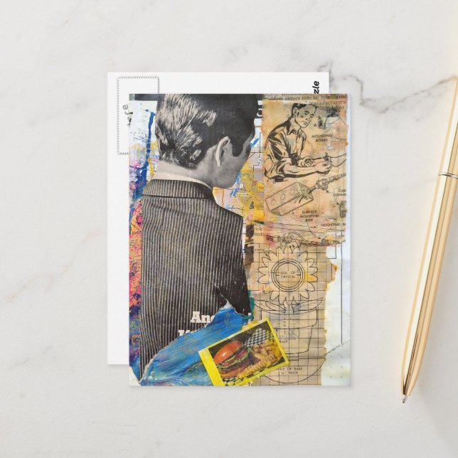 Retro men working Mixed media collage Postcard (Front/Back In Situ)