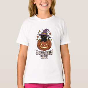 Retro Meowloween Vibes Black Cat Witch Pumpkin  T-Shirt