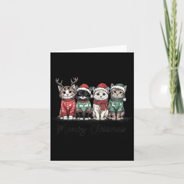 Retro Meowy Christmas Cute Cats With Santa Claus H Card (Front)