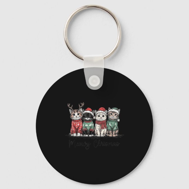 Retro Meowy Christmas Cute Cats With Santa Claus H Key Ring (Front)