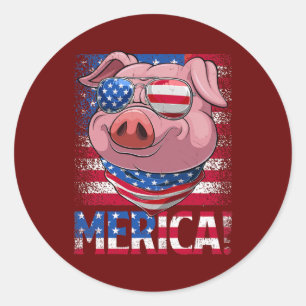 Retro Merica Pig USA Flag Sunglasses Farmer Happy Classic Round Sticker