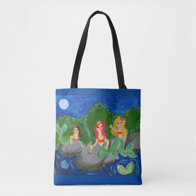 Retro Mermaid Grotto Folk Art Tote Bag (Front)