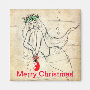 Retro Mermaid Merry Christmas Magnet