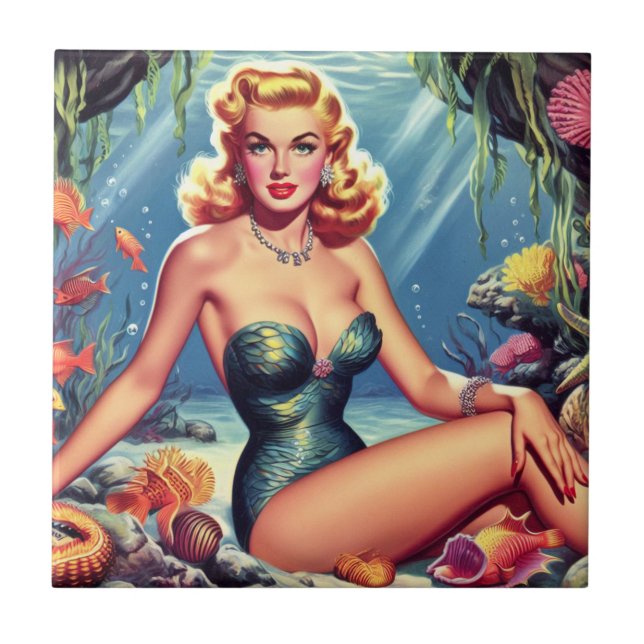 Retro Mermaid Pin Up Tile (Front)