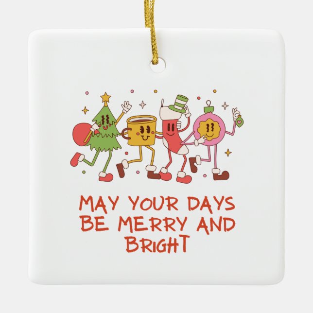 retro merry and bright ceramic ornament (Front)