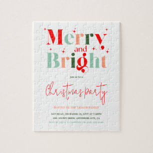 Retro Merry and Bright Christmas Party Invitation Jigsaw Puzzle