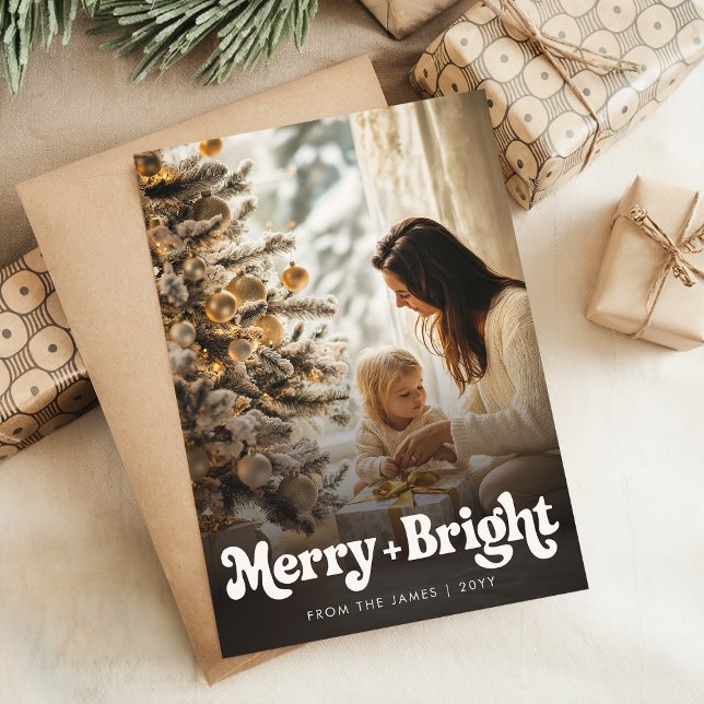 Retro Merry and Bright Christmas Photo Vertical Holiday Card (Creator Uploaded)