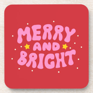 Retro Merry and Bright Holiday Design Coaster