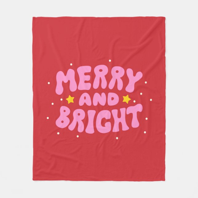 Retro Merry and Bright Holiday Design Fleece Blanket (Front)