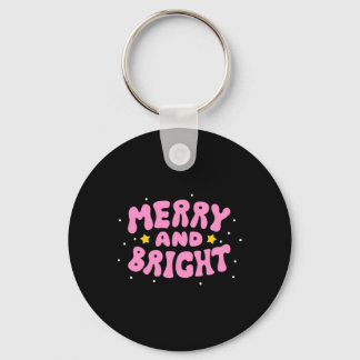 Retro Merry And Bright Holiday Design  Key Ring
