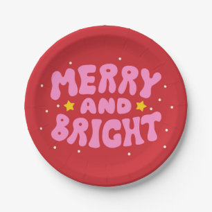 Retro Merry and Bright Holiday Design Paper Plate