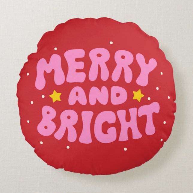 Retro Merry and Bright Holiday Design Round Cushion (Front)