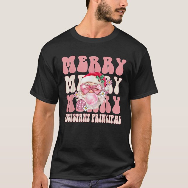 Retro Merry Assistant Principal Christmas Pink San T-Shirt (Front)