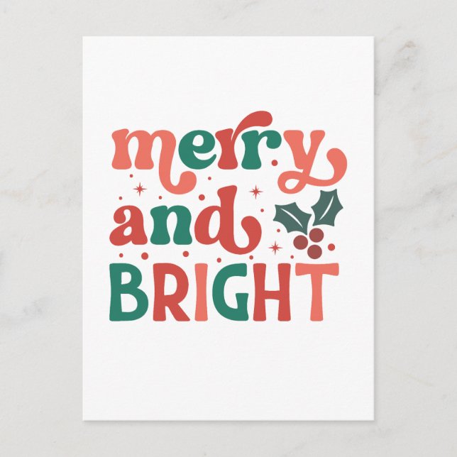 Retro Merry & Bright Christmas Typography Postcard (Front)