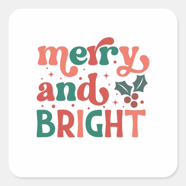 Retro Merry & Bright Christmas Typography Square Sticker (Front)