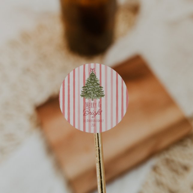 Retro Merry & Bright Red Stripes Christmas Tree Classic Round Sticker (Creator Uploaded)