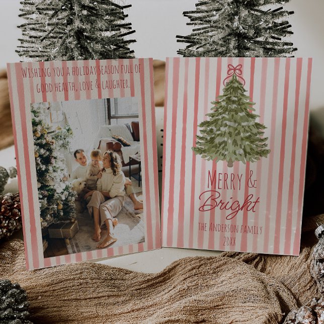 Retro Merry & Bright Red Stripes Christmas Tree Holiday Card (Creator Uploaded)