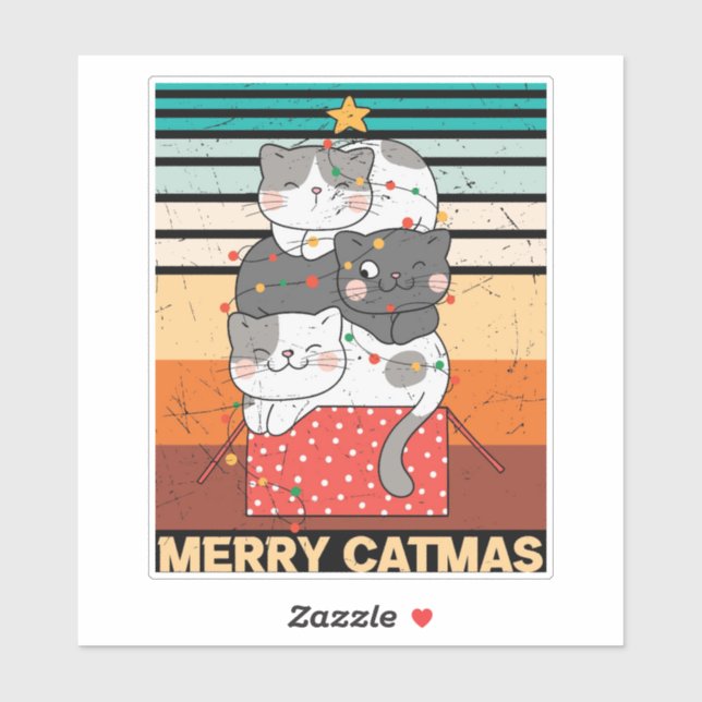 Retro Merry Christmas Cat Vinyl Sticker  (Sheet)