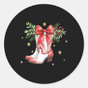 Retro Merry Christmas Coquette Bow Cowgirl Boots W Classic Round Sticker