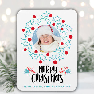 Retro Merry Christmas Holly Red Berries Photo Magnet