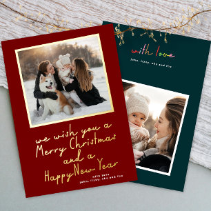 retro merry christmas new year 2 photo red green foil holiday card