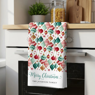 Retro Merry Christmas Ornaments Personalised Tea Towel